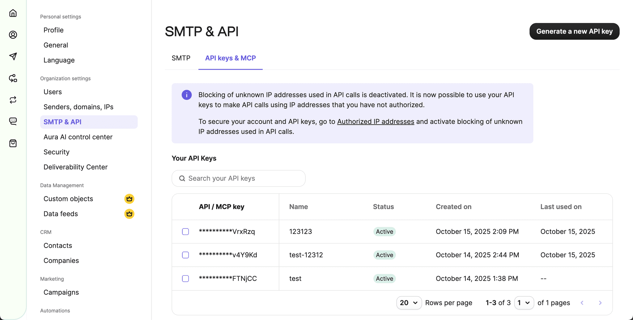 Brevo API Keys settings page showing where to create new API key