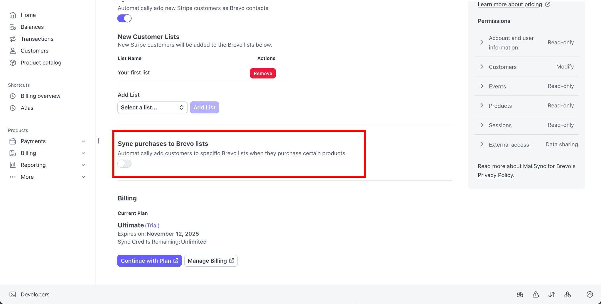 Toggle to enable sync purchases to Brevo lists