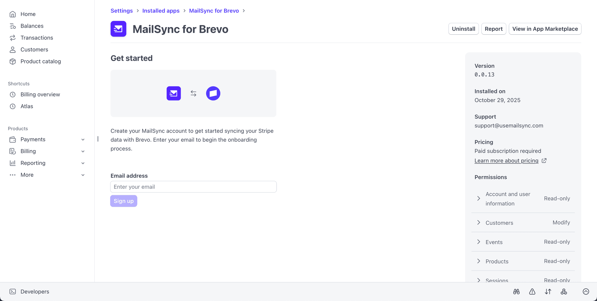 MailSync initial setup page asking for email