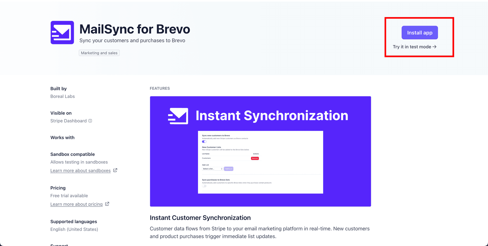 MailSync app in Stripe Marketplace showing install button